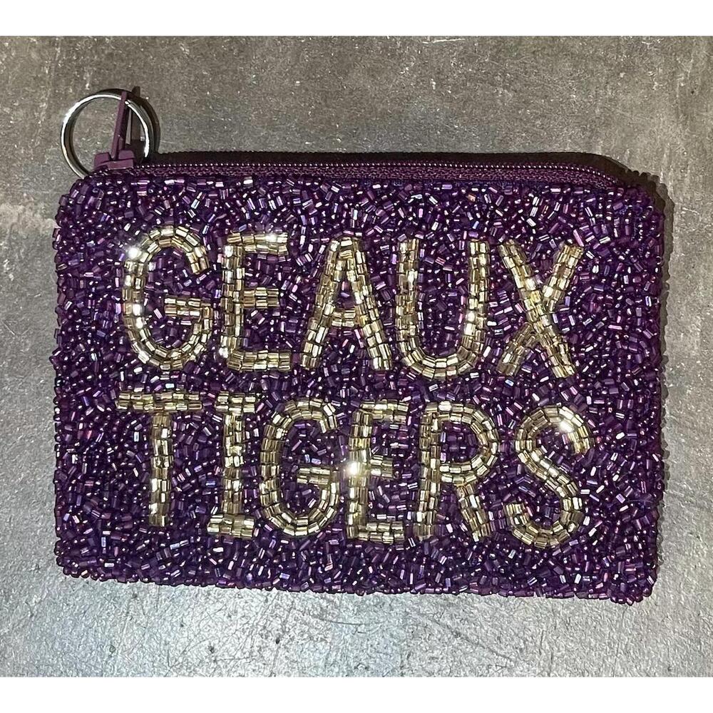 NEW TIANA geaux tigers beaded small coin purse in purple/gold